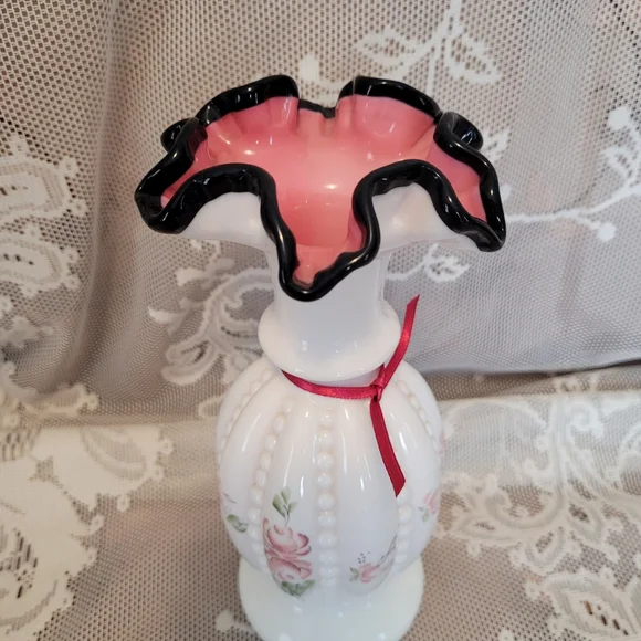 Vintage Signed Fenton Vase Hand Painted Beaded Milk Glass - Picture 2 of 12